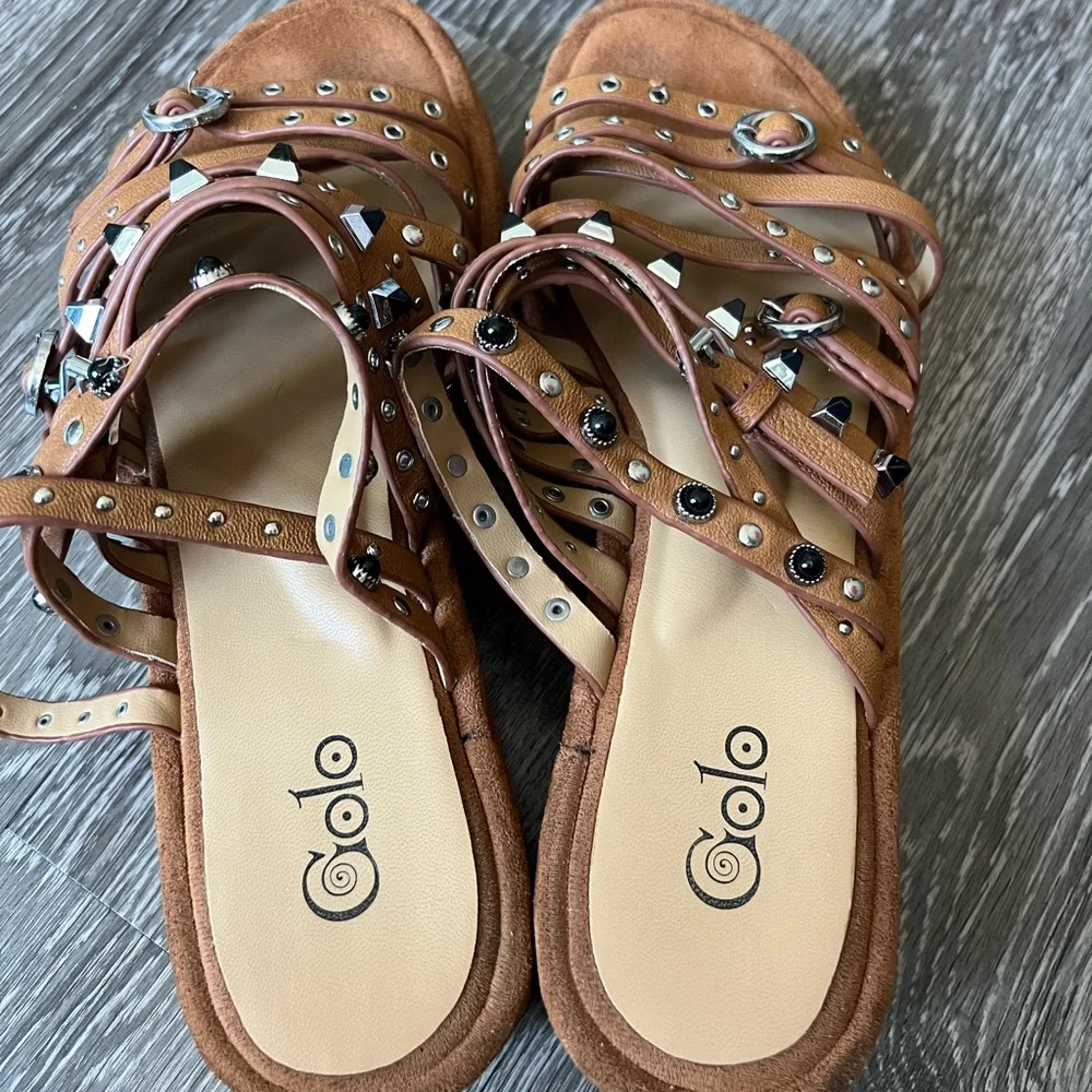 Free People Tan Brown Studded Platform Slide Sandals